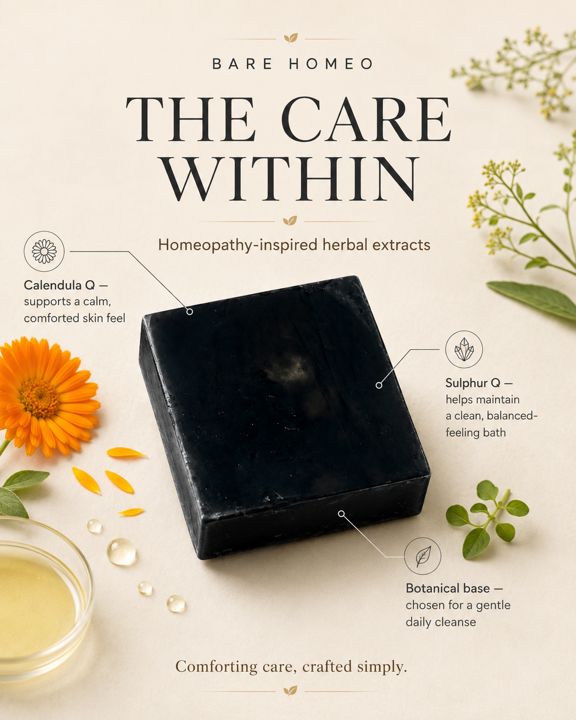 Bare Homeo Charcoal Purify Bath Bar | Activated Charcoal Glycerin Soap | 100 g